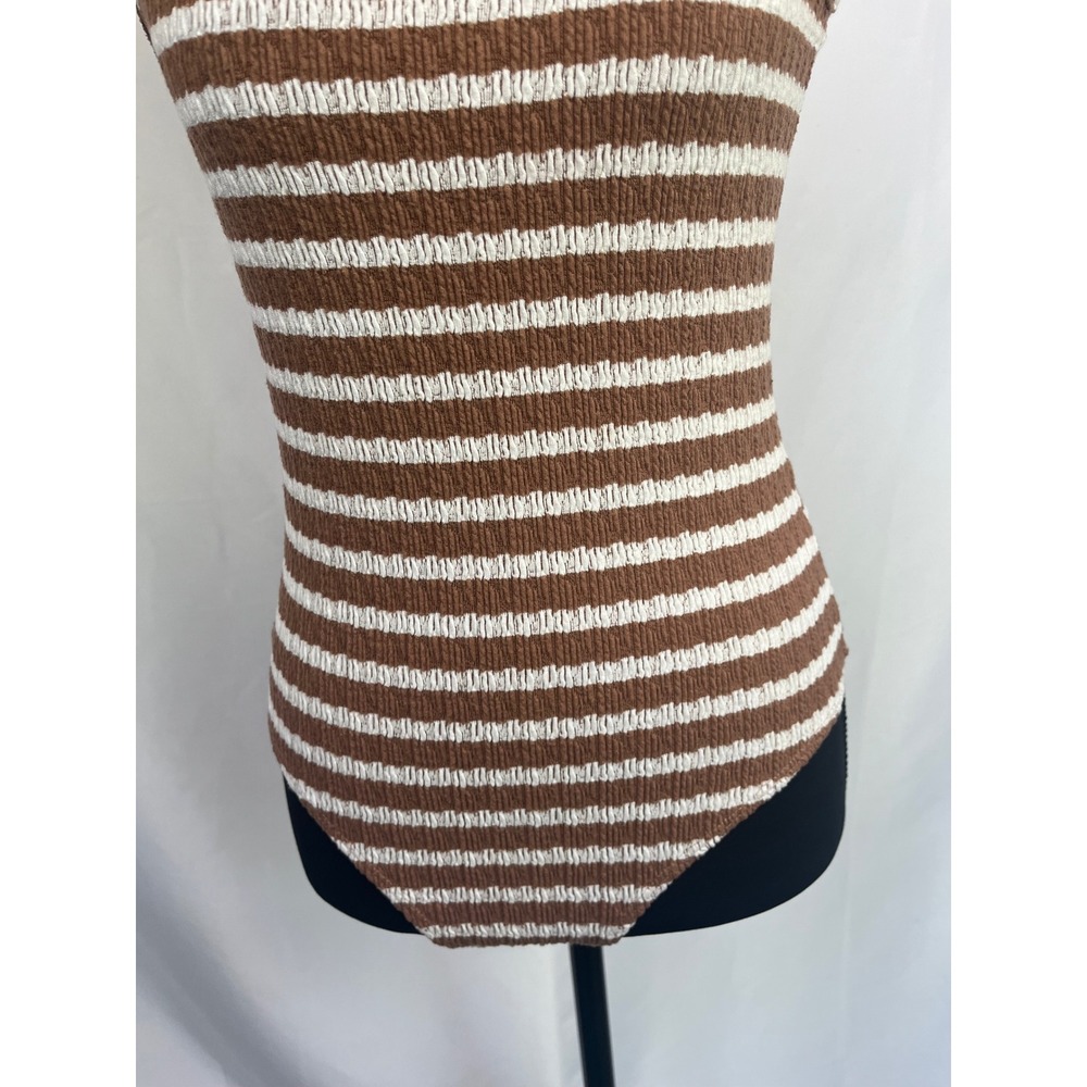 Urban Rose Brown White Striped Smocked Cutout Mock Neck Bodysuit Small 10891 - Picture 6 of 16